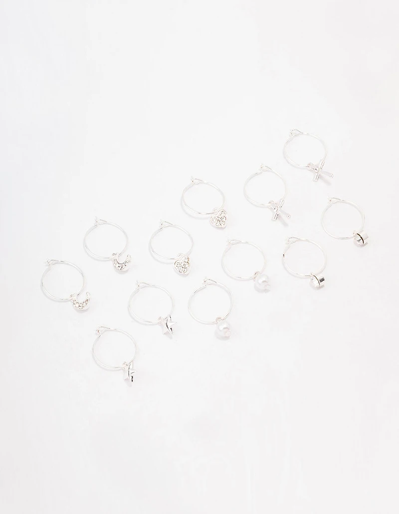 Silver Crystal Heart Wire Hoop Earring 6-Pack