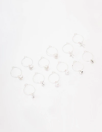 Silver Crystal Heart Wire Hoop Earring 6-Pack