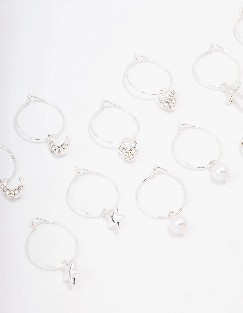 Silver Crystal Heart Wire Hoop Earring 6-Pack