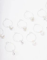 Silver Crystal Heart Wire Hoop Earring 6-Pack