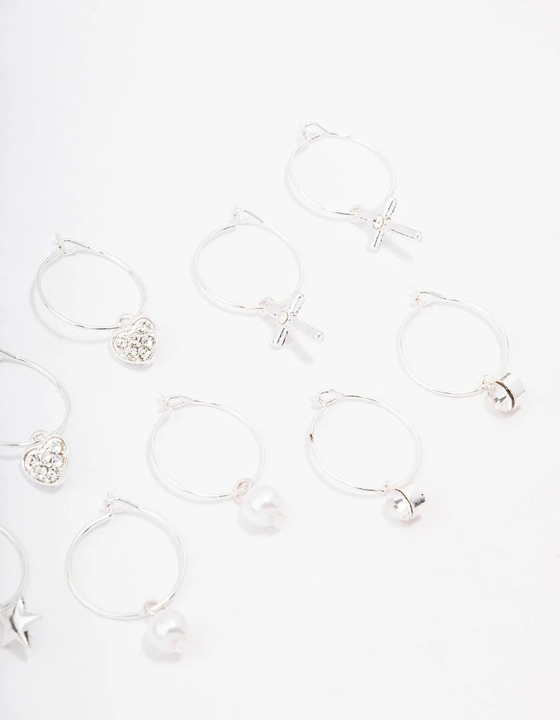 Silver Crystal Heart Wire Hoop Earring 6-Pack