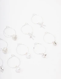 Silver Crystal Heart Wire Hoop Earring 6-Pack
