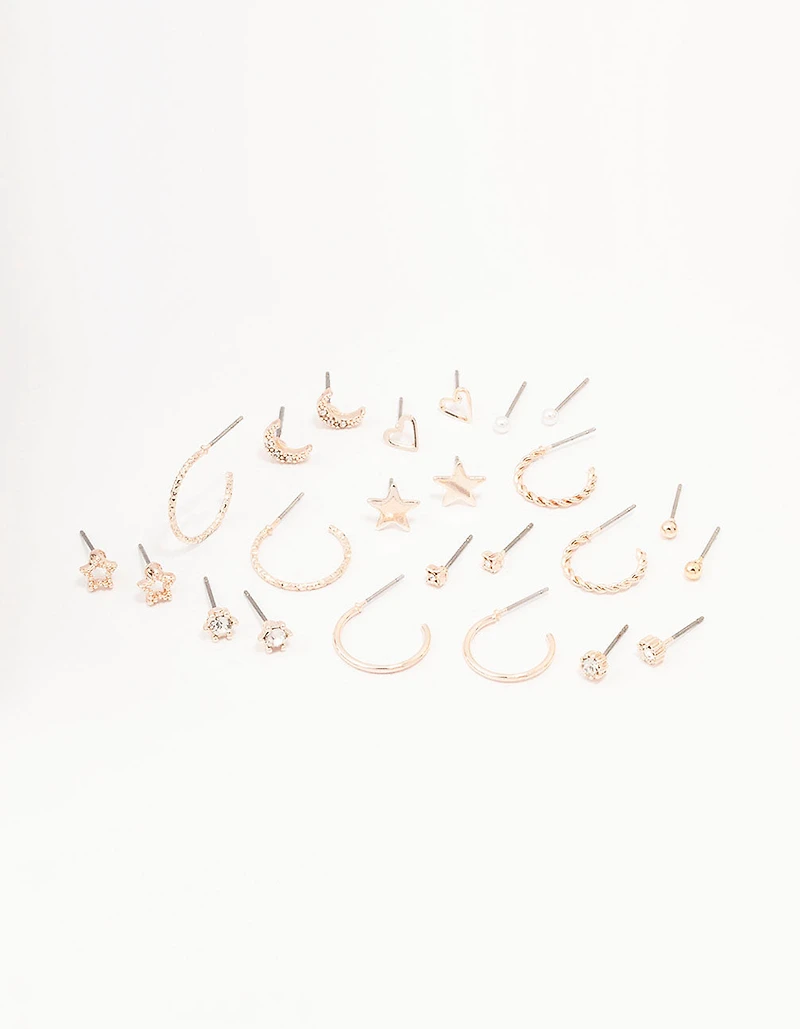 Rose Gold Celestial Heart Stud Earrings 12-Pack