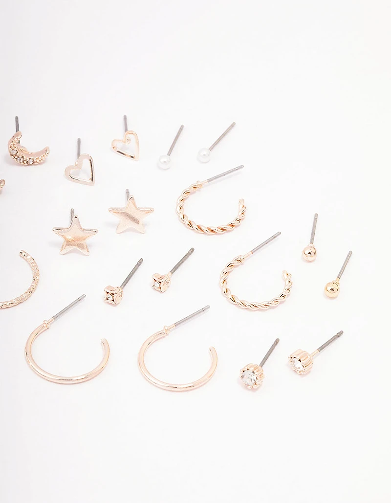 Rose Gold Celestial Heart Stud Earrings 12-Pack