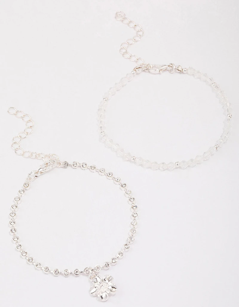 Silver Beaded Diamante Flower Charm Bracelet Pack