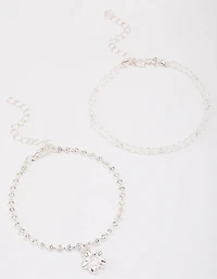 Silver Beaded Diamante Flower Charm Bracelet Pack