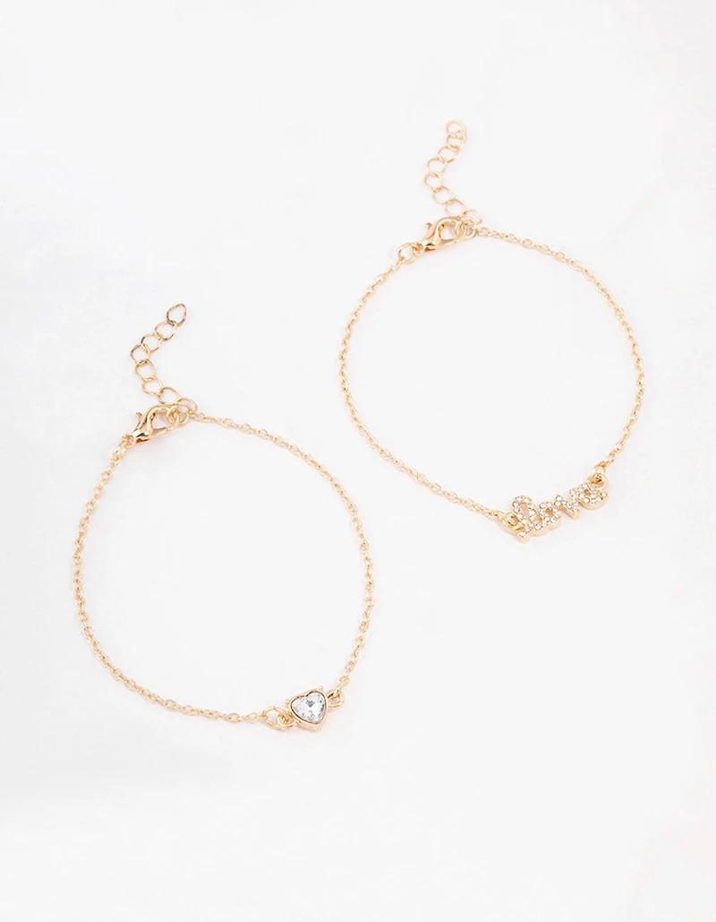 Gold Diamante Heart Love Bracelet Pack