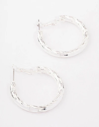 Silver Fine Line Textured Hoop Earrings