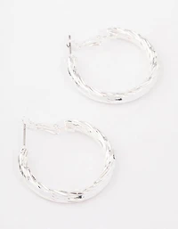 Silver Fine Line Textured Hoop Earrings