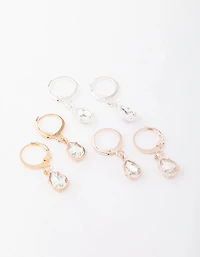 Mixed Metal Drop Pear Diamante Huggie Earring 3-Pack