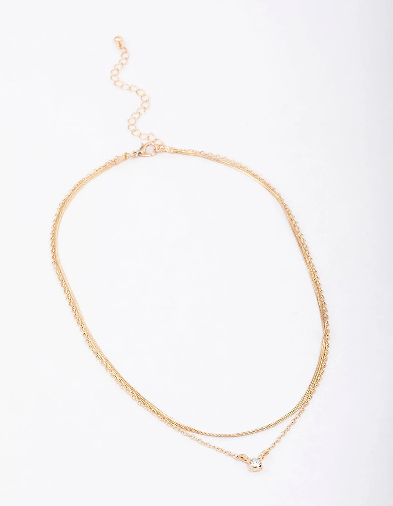 Gold Double Diamante & Snake Chain Layered Necklace