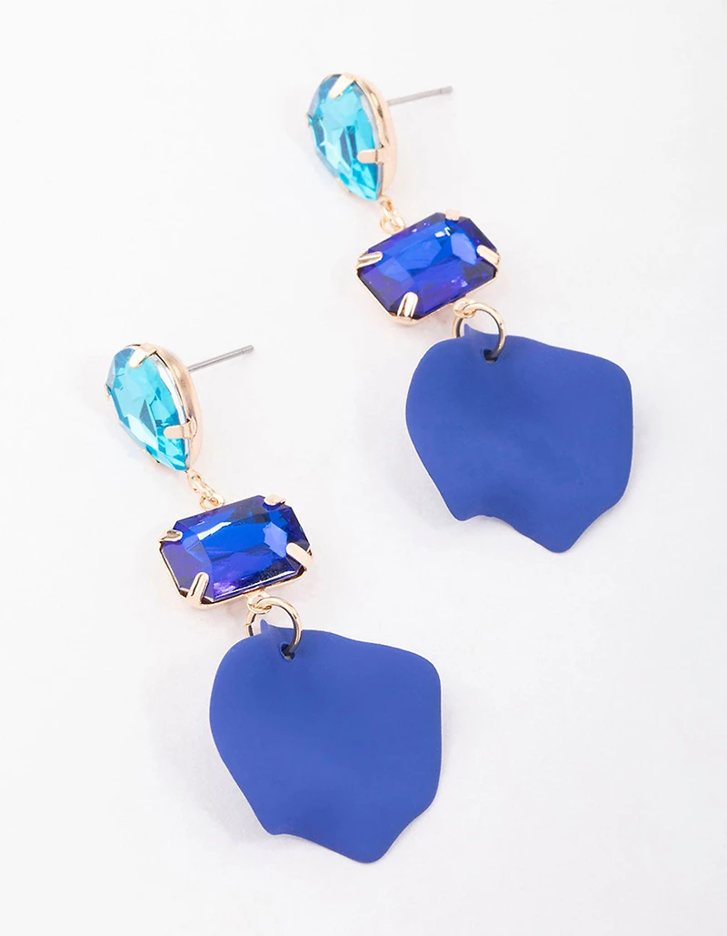 Boucles d’oreilles pendantes en forme de poire bleue et rectangle en pétales de diamants