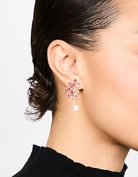 Gold & Pink Diamante Marquise Pearl Stud Earrings