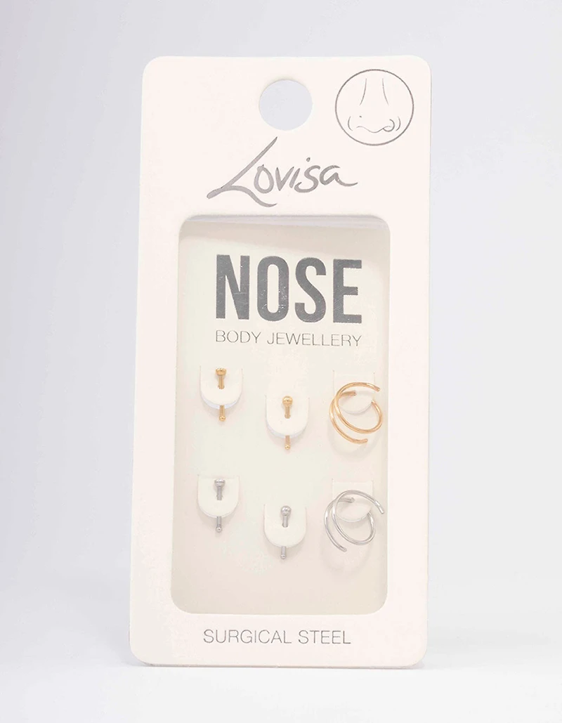 Surgical Steel Two-Toned Spiral Stud Crystal Nose Stud 6-Pack