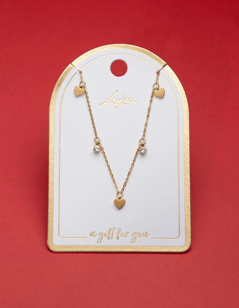 Waterproof Gold Plated Stainless Steel Diamante & Heart Necklace
