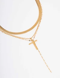 Waterproof Gold Plated Stainless Steel Multi Chain Cross Layered Necklace