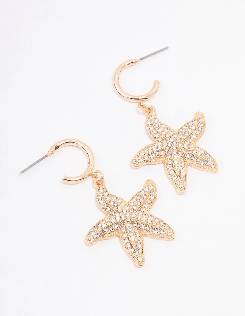 Gold Diamante Starfish Hoop Earrings