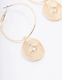 Gold Evil Eye Pendant Hoop Earrings