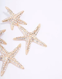 Gold Double Diamante Starfish Drop Earrings
