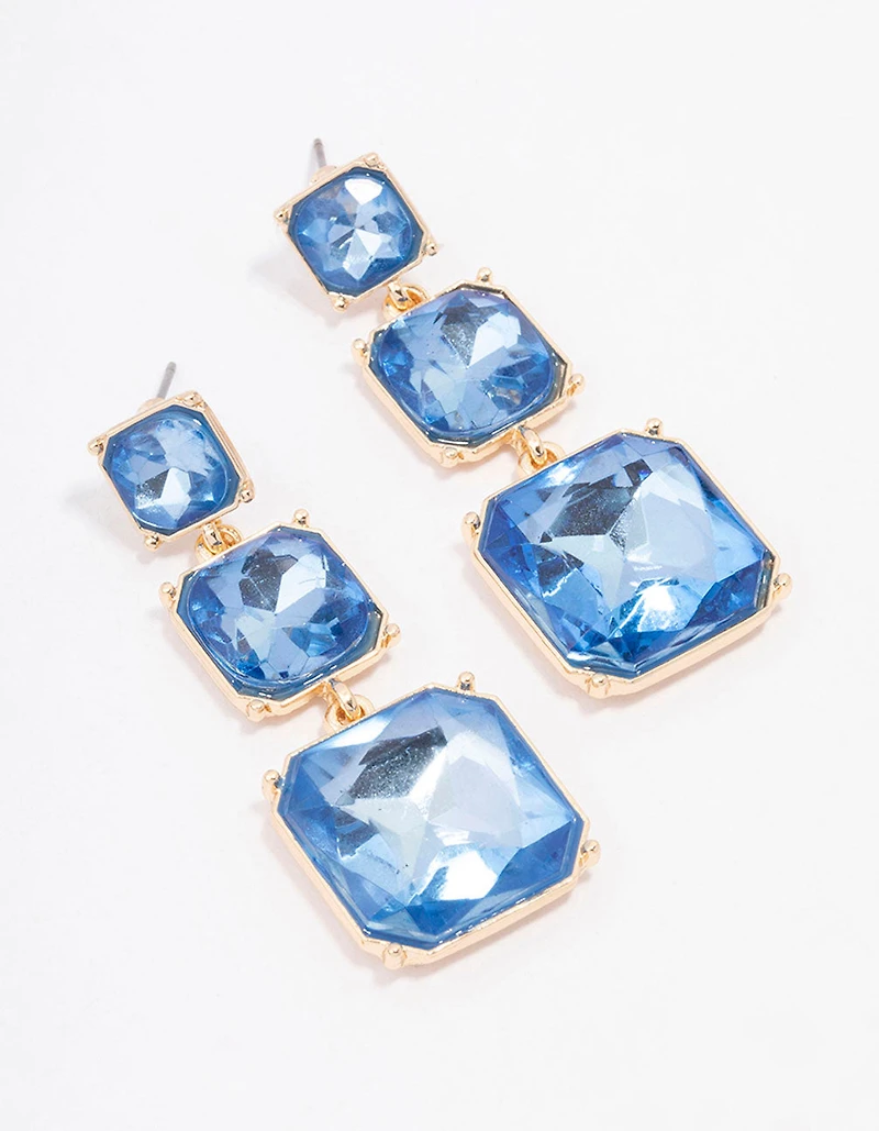 Gold Triple Square Stone Drop Earrings