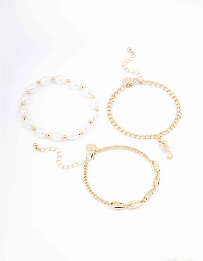 Gold Pearl Anklet & Bracelet 3-Pack