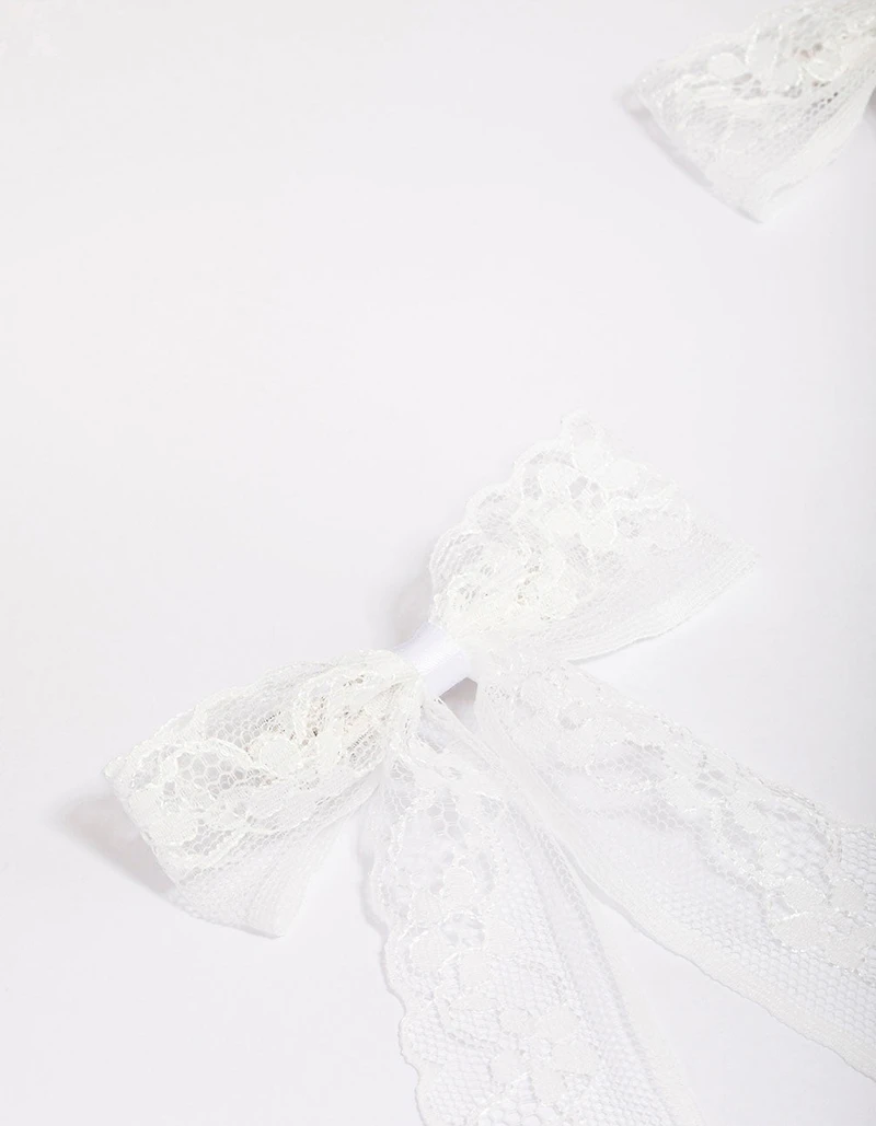 White Fabric Medium Lace Hair Bow Pack