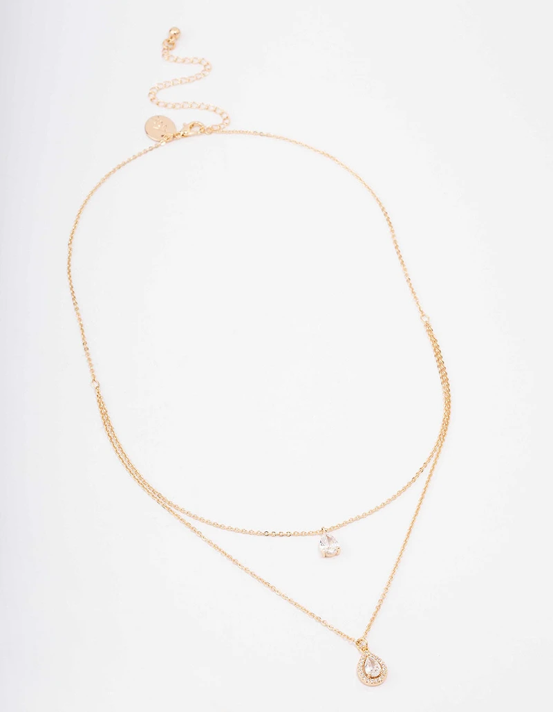 Gold Pear Halo Layered Necklace