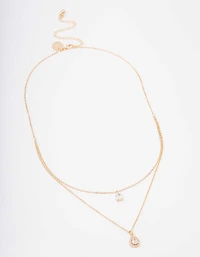 Gold Pear Halo Layered Necklace