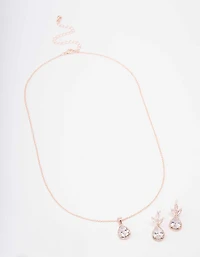 Rose Gold Leaf Pear Halo Necklace & Drop Earring Set