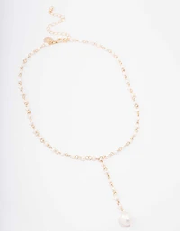 Gold Plated Large Pearl Y-Shaped Pendant Necklace