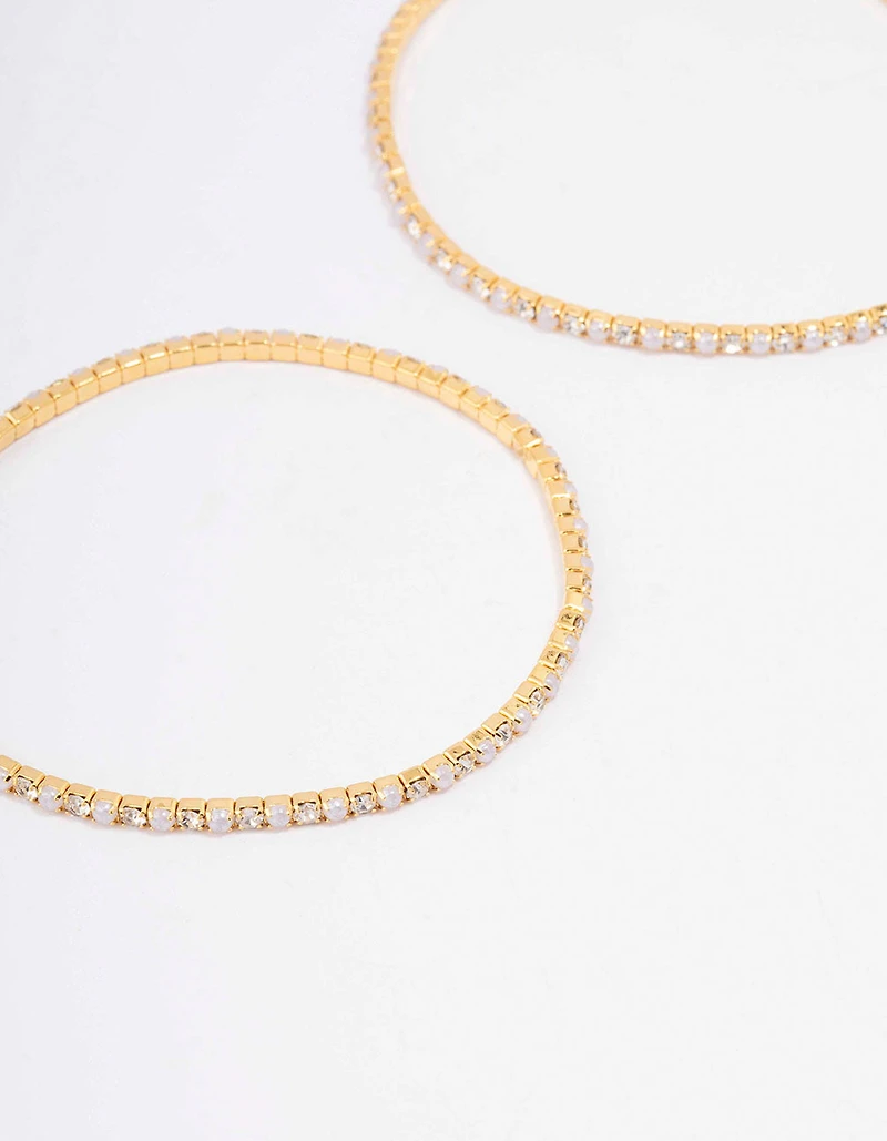 Gold Plated Alternating Mini Cubic Zirconia Pearl Stretch Bangle