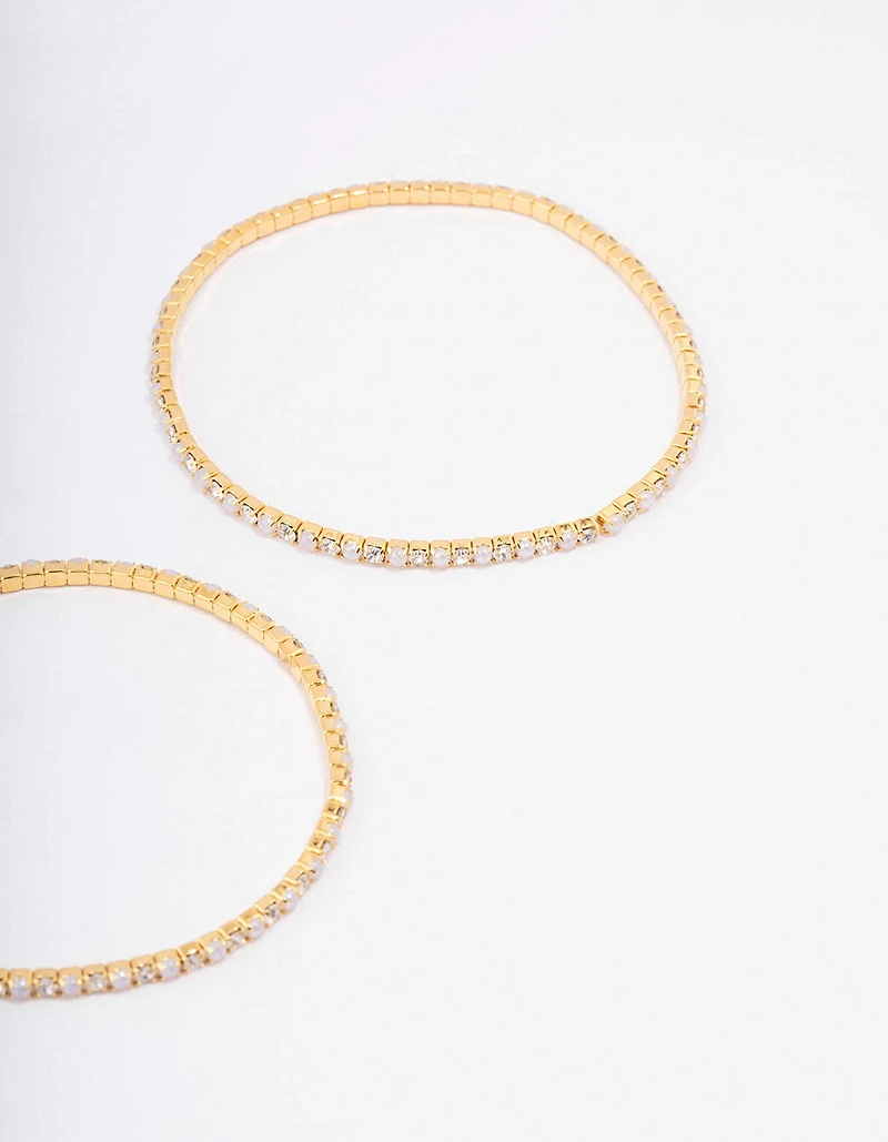 Gold Plated Alternating Mini Cubic Zirconia Pearl Stretch Bangle