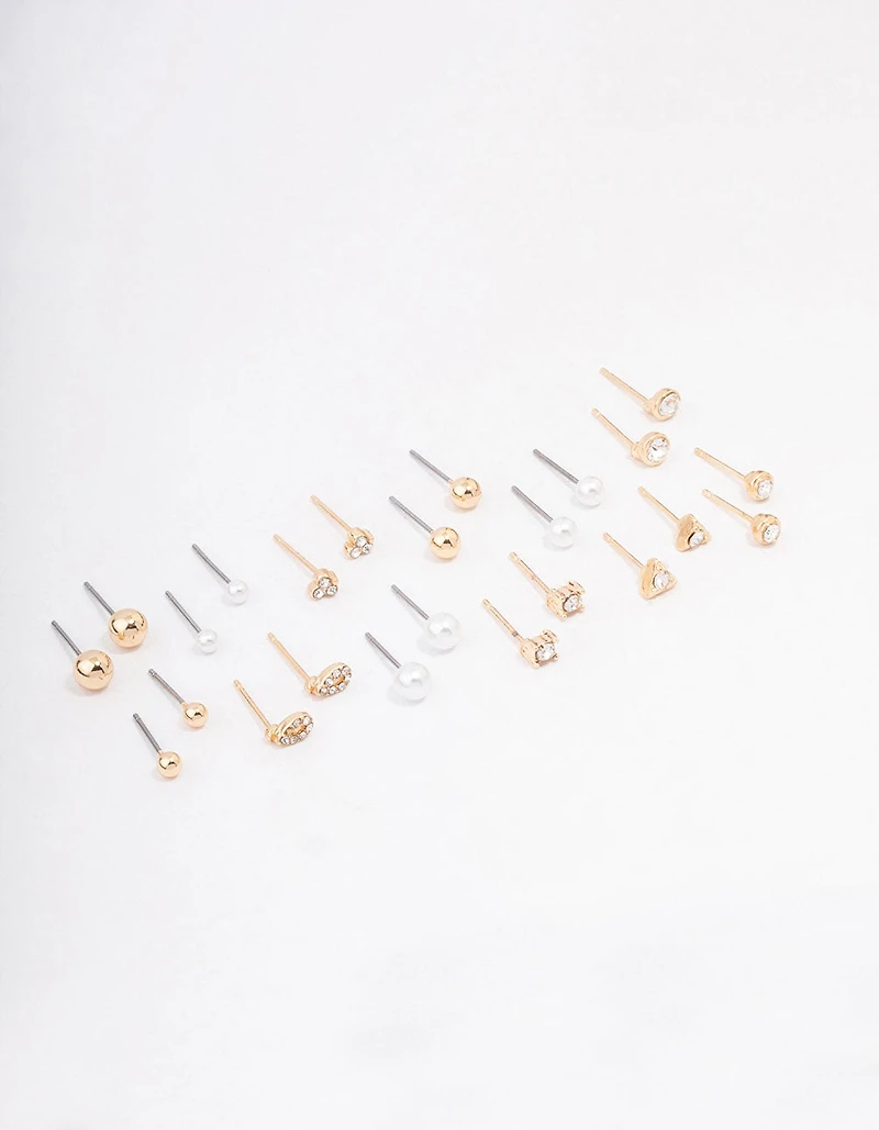 Gold Classic Pearl & Diamante Stud Earring 12-Pack