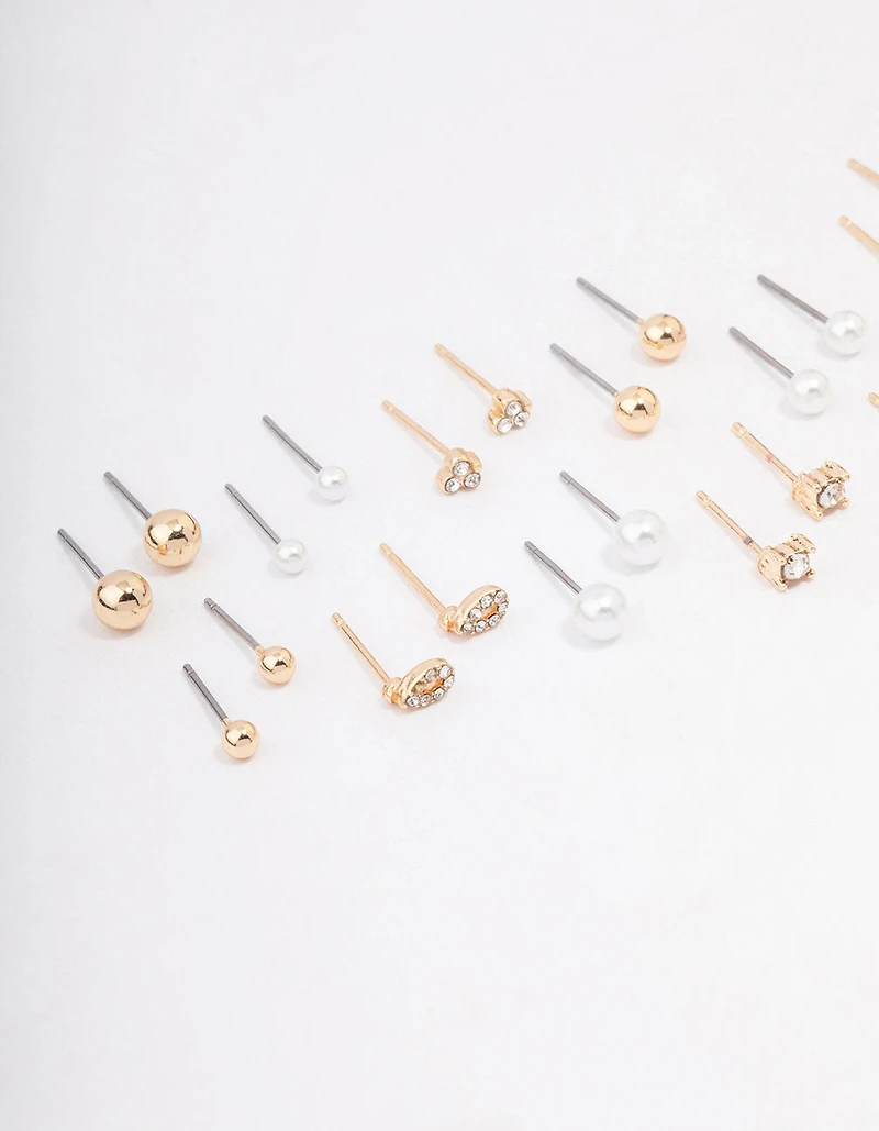 Gold Classic Pearl & Diamante Stud Earring 12-Pack