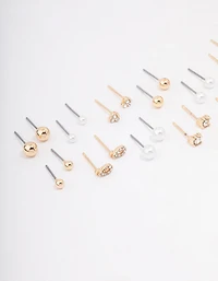 Gold Classic Pearl & Diamante Stud Earring 12-Pack