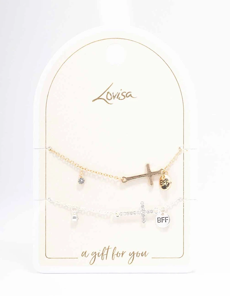 Mixed Metal Diamante Side Cross Bracelet