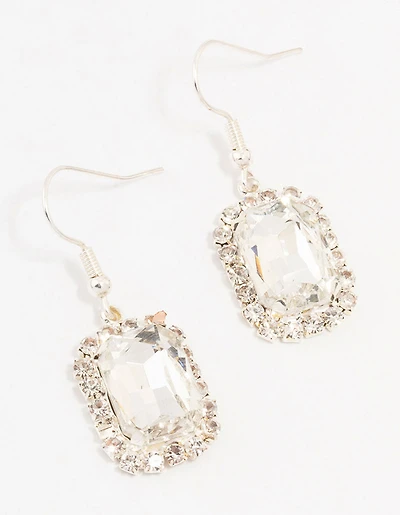 Silver Encased Rectangular Diamante Drop Earrings