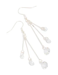 Silver Triple Chain Diamante Drop Earrings