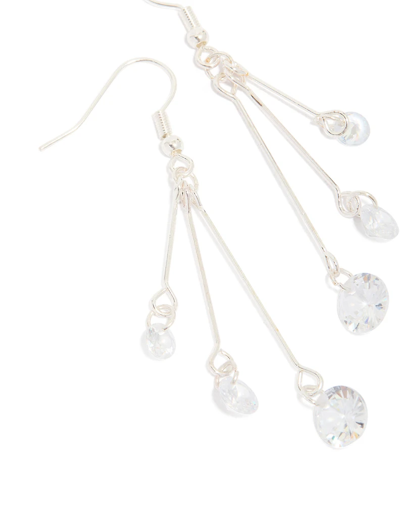 Silver Triple Chain Diamante Drop Earrings