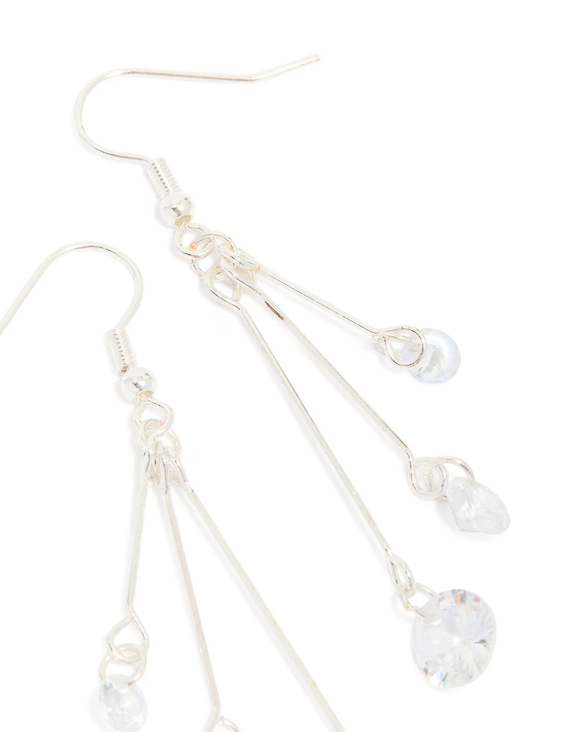 Silver Triple Chain Diamante Drop Earrings