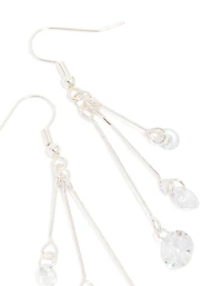 Silver Triple Chain Diamante Drop Earrings