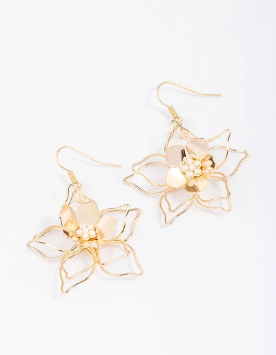 Boucles d’oreilles en fil d’or et perles en forme de fleur