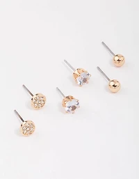 Gold Glitter Diamante Stud Earrings 3-Pack