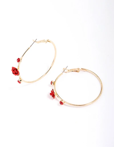 Gold Pearlised Red Rose Hoop Earrings