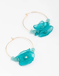 Boucles d’oreilles en cerceau perlées de fleurs dorées et bleues