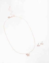 Rose Gold Diamante Butterfly Necklace & Stud Earring Set