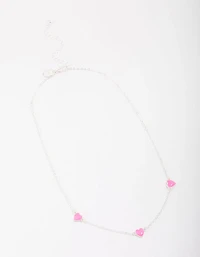 Silver Pink Enamel Heart Chain Necklace