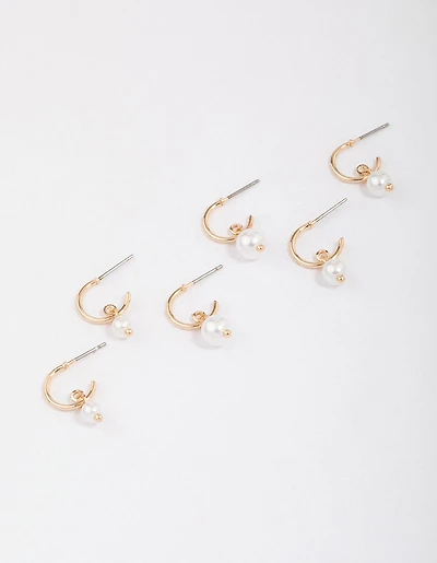 Gold Graduating Pearl Drop Huggie Earring 3-Pack