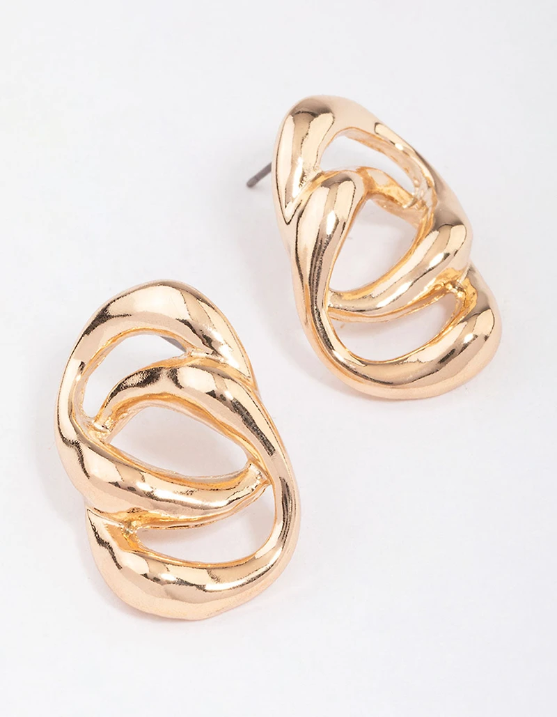 Gold Large Double Link Stud Earrings