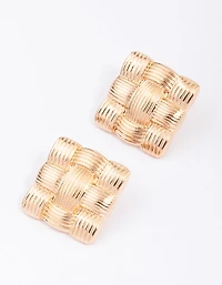 Gold Quilted Square Stud Earrings